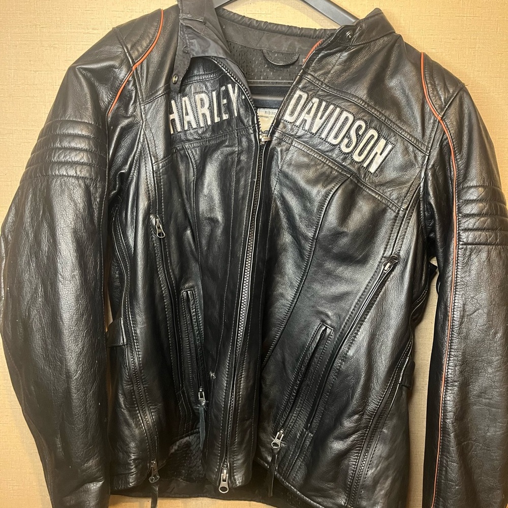 Harley-Davidson Black Leather Bomber Jacket with Orange Trim WILL TAKE OFFERS
